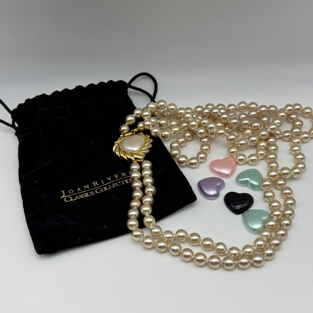 Vintage Joan Rivers Faux Pearl Necklace Double Strand Interchangeable Heart 30"